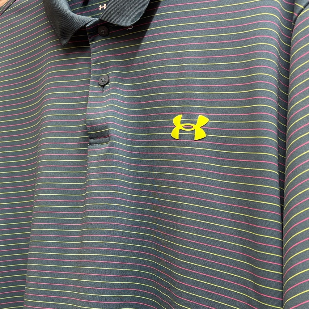 Under Armour Men's Blue and Neon Green Striped Polo - Picture 3 of 5